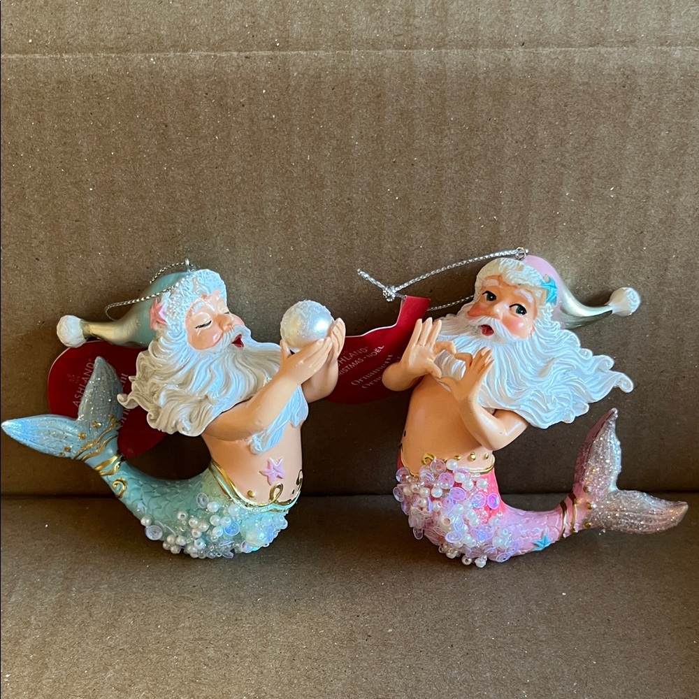 Festive Mermaid Santa Ornaments - Aqua and Pink